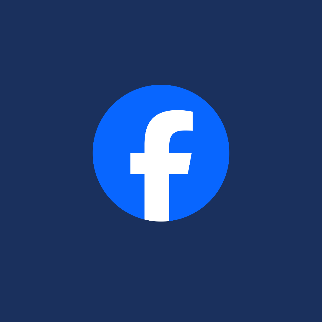 Facebook logo with a white lowercase 'f' on a blue circle, centered on a dark blue background.