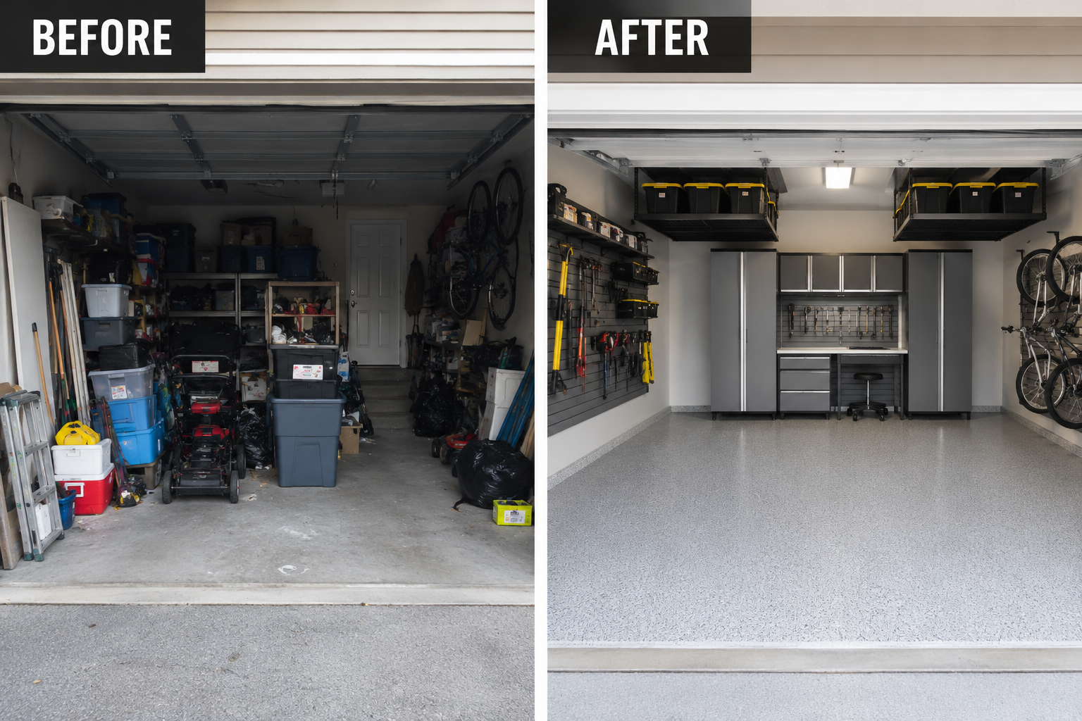 Side-by-side comparison of a garage before and after organization. The 'before' shows cluttered shelves and storage with various items, tools, and bins. The 'after' shows a clean, organized garage with labeled cabinets, a workbench, and neatly hung t