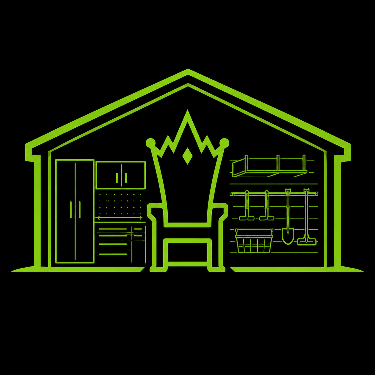 Neon green outline of a garage with a crown in the center, surrounded by tools, a storage cabinet, and a bucket, all set against a black background.