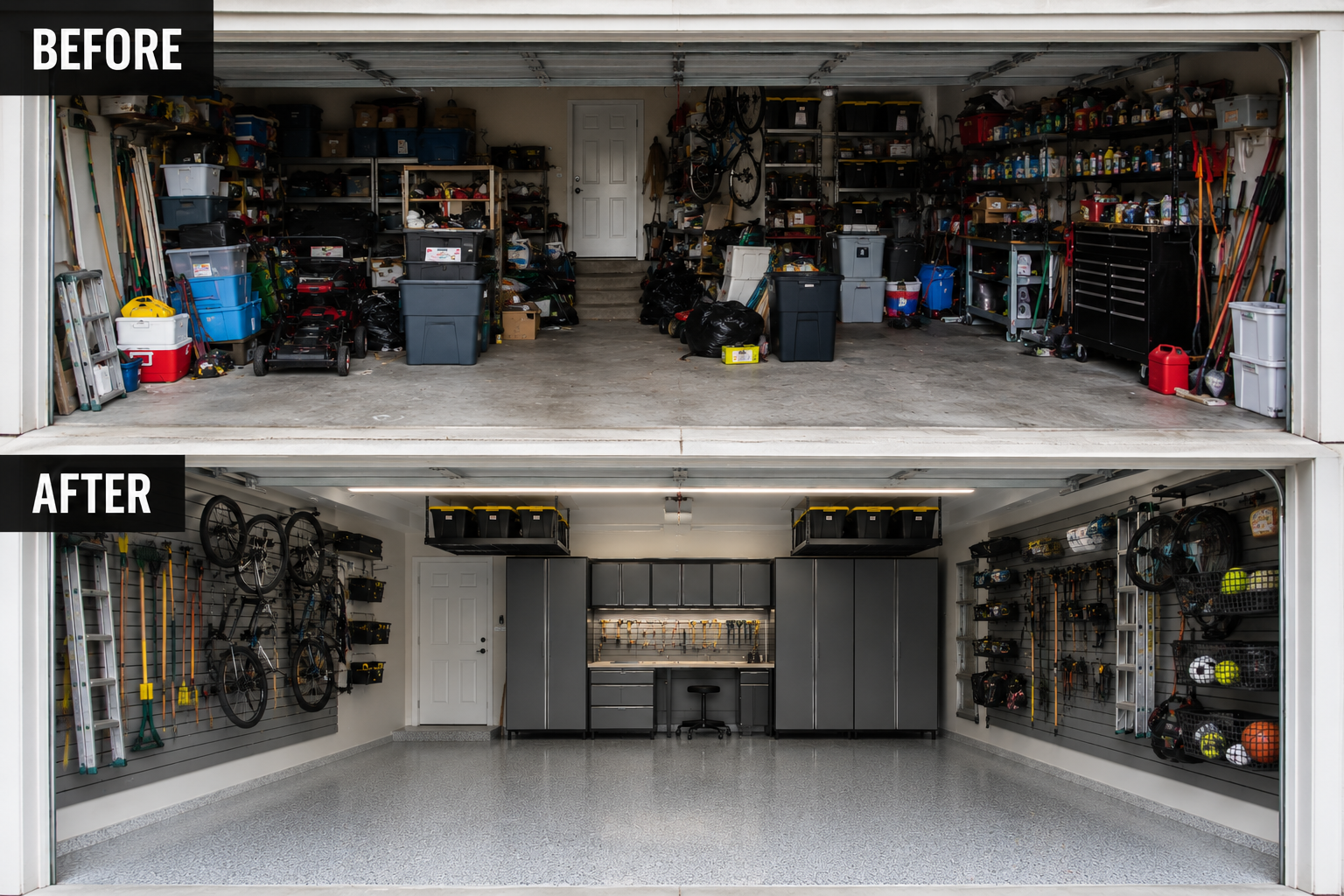 Organized and cleaned garage with storage shelves, hanging bikes, tools, and sports equipment.