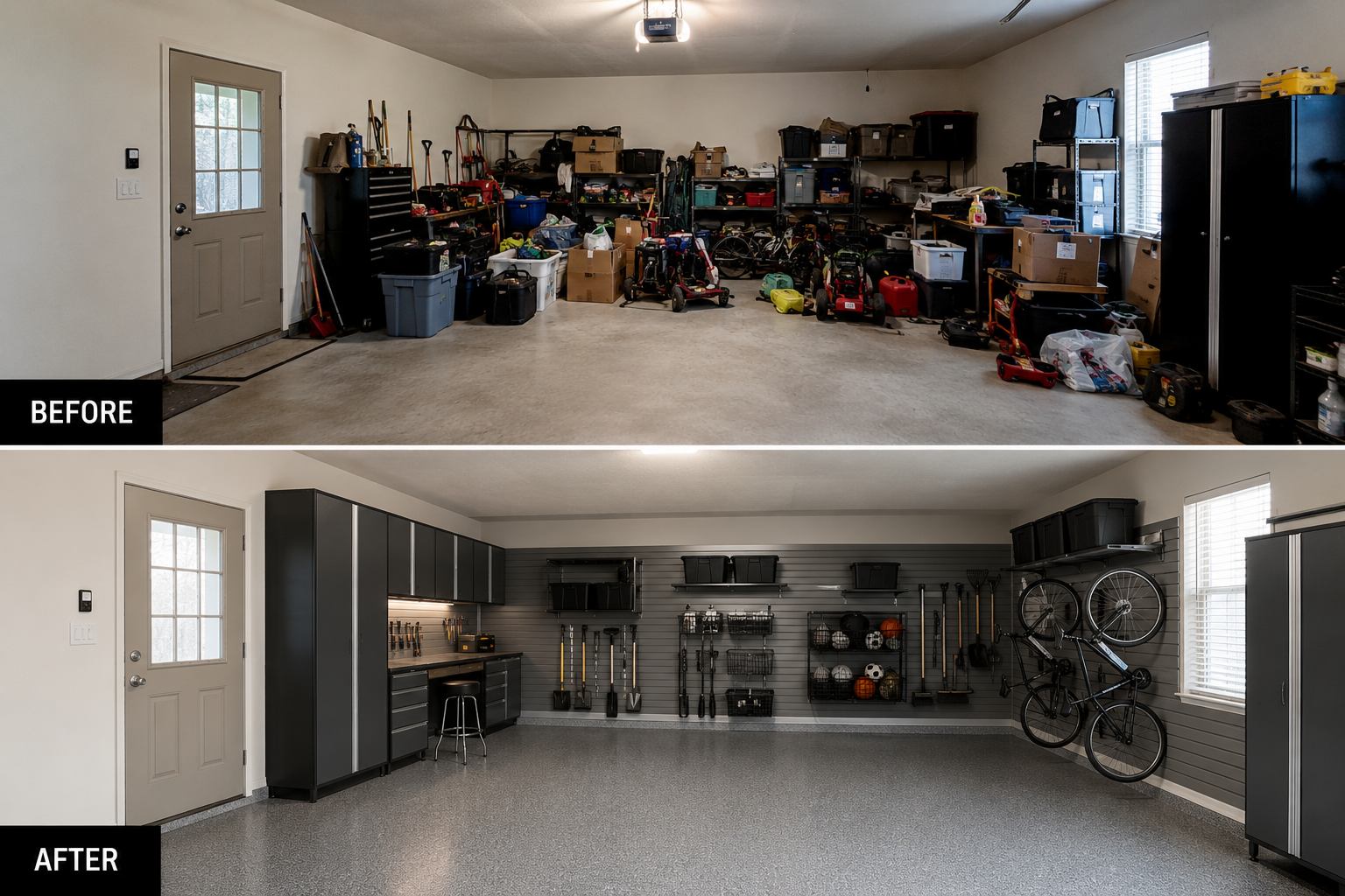 Comparison of a cluttered garage before and a clean, organized garage after renovation. The "before" image shows various items and tools scattered and piled on the shelves. The "after" image displays a tidy garage with organized storage, a pegboard w