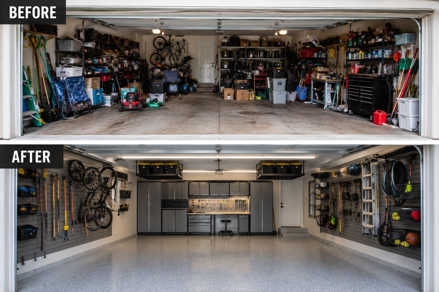 Comparison of a cluttered garage before and a clean, organized garage after renovation, with tools, bikes, and storage shelves in the after image.