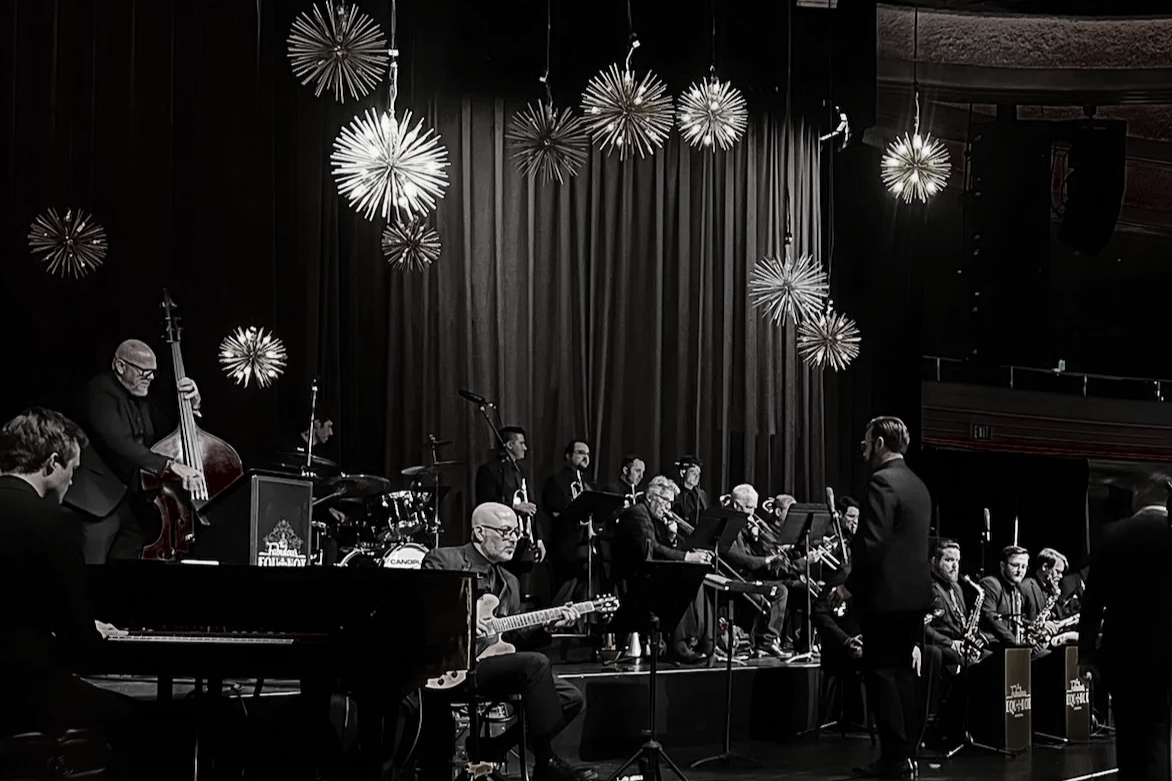 An image of a big band and strings at a luxury wedding reception in Los Angeles