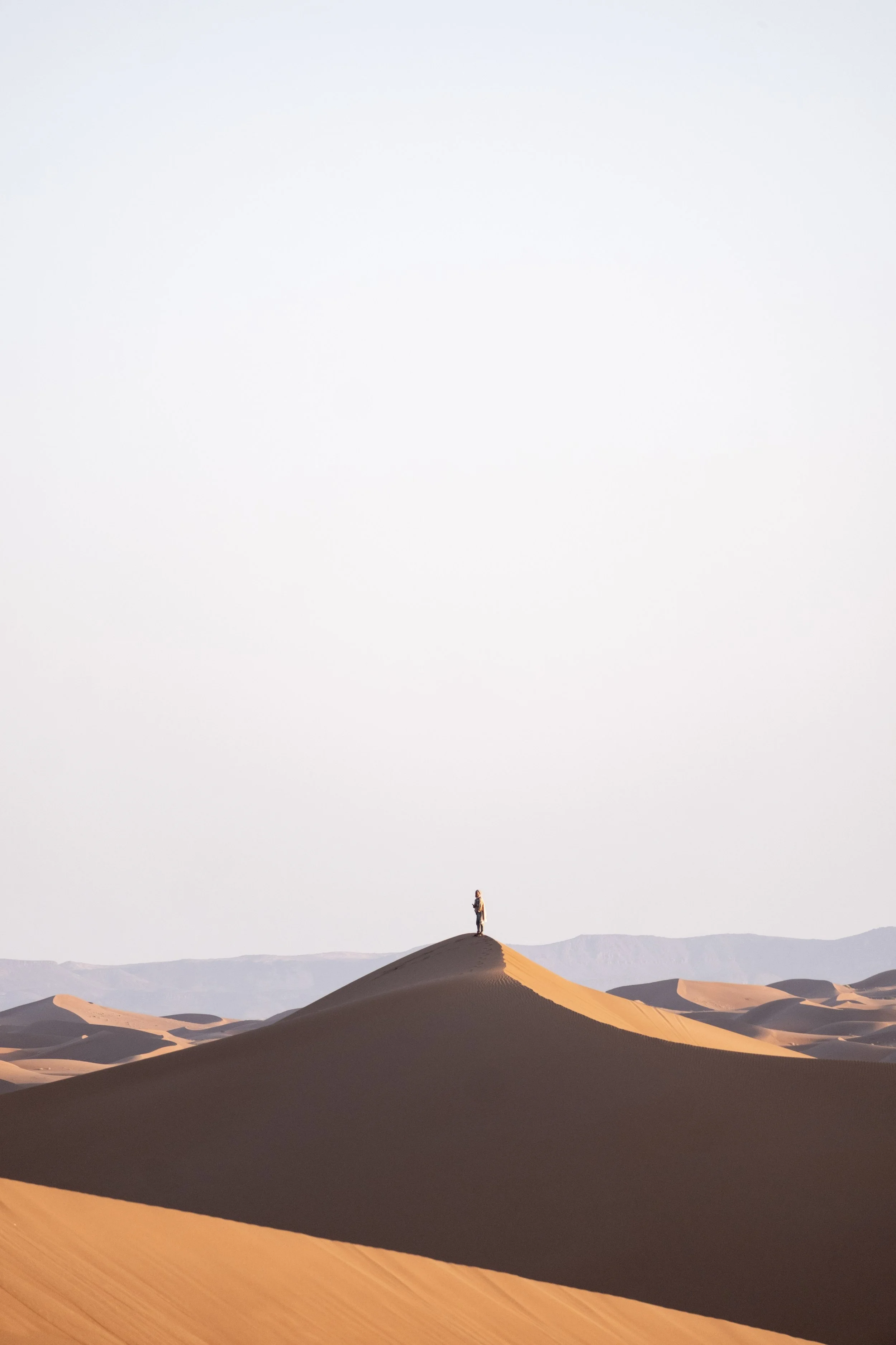 A person standing alone on top of a sand dune in a vast desert landscape with multiple rolling sand dunes under a light sky.