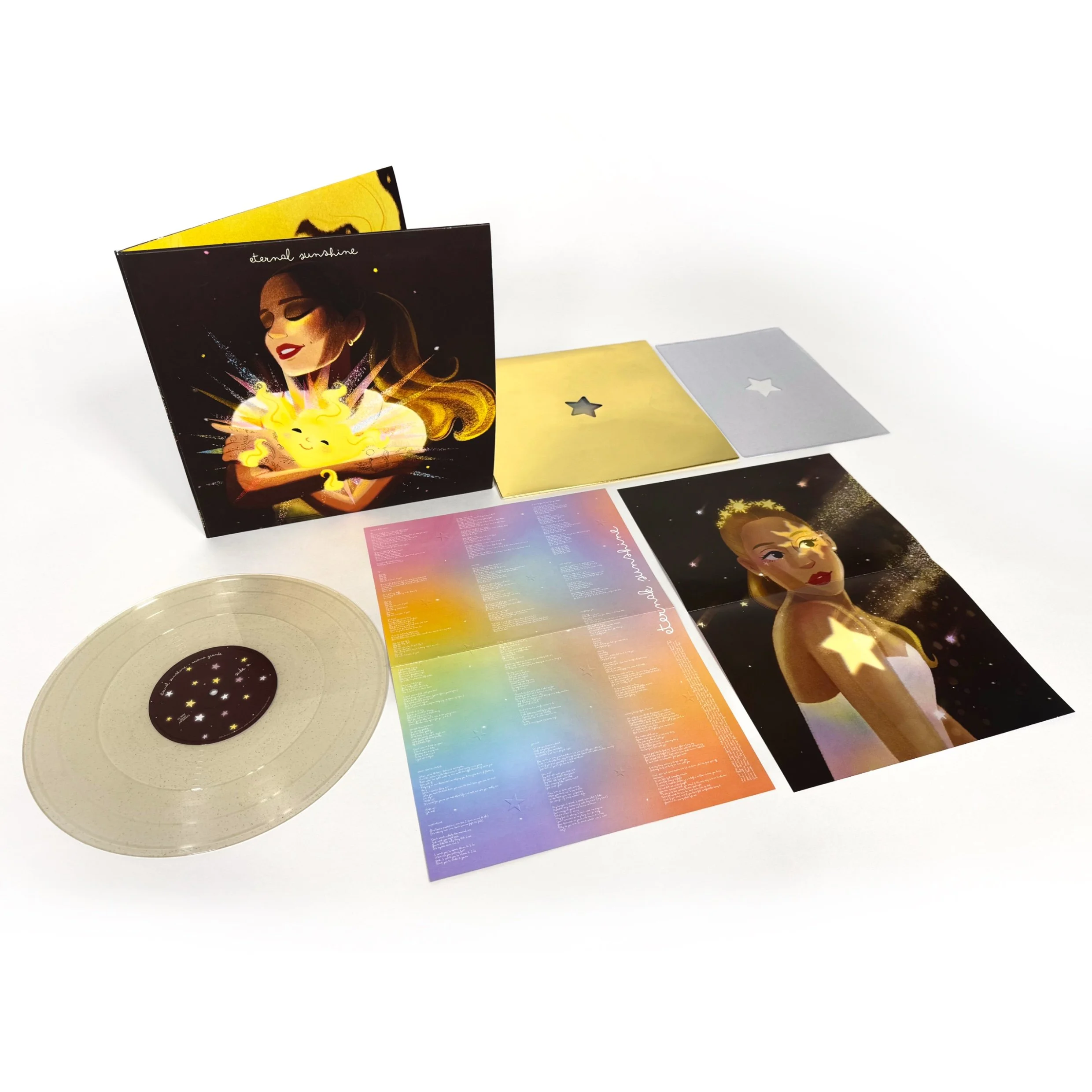  The contents include : a record, double sided poster, holographic poster sleeve, gold dust sleeve with rainbow printing inside and the gatefold packaging. 