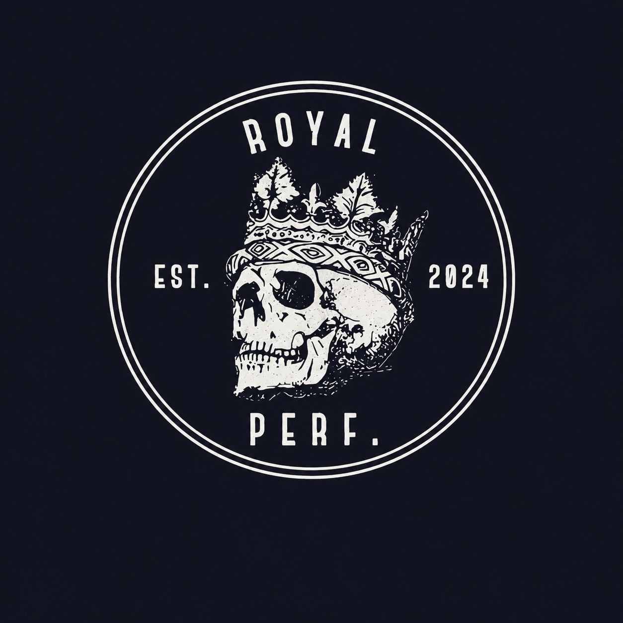 A circular logo featuring a skull wearing a crown and a bandana with leaves and arrows, with the text "Royal Perf. Est. 2024" around the skull.