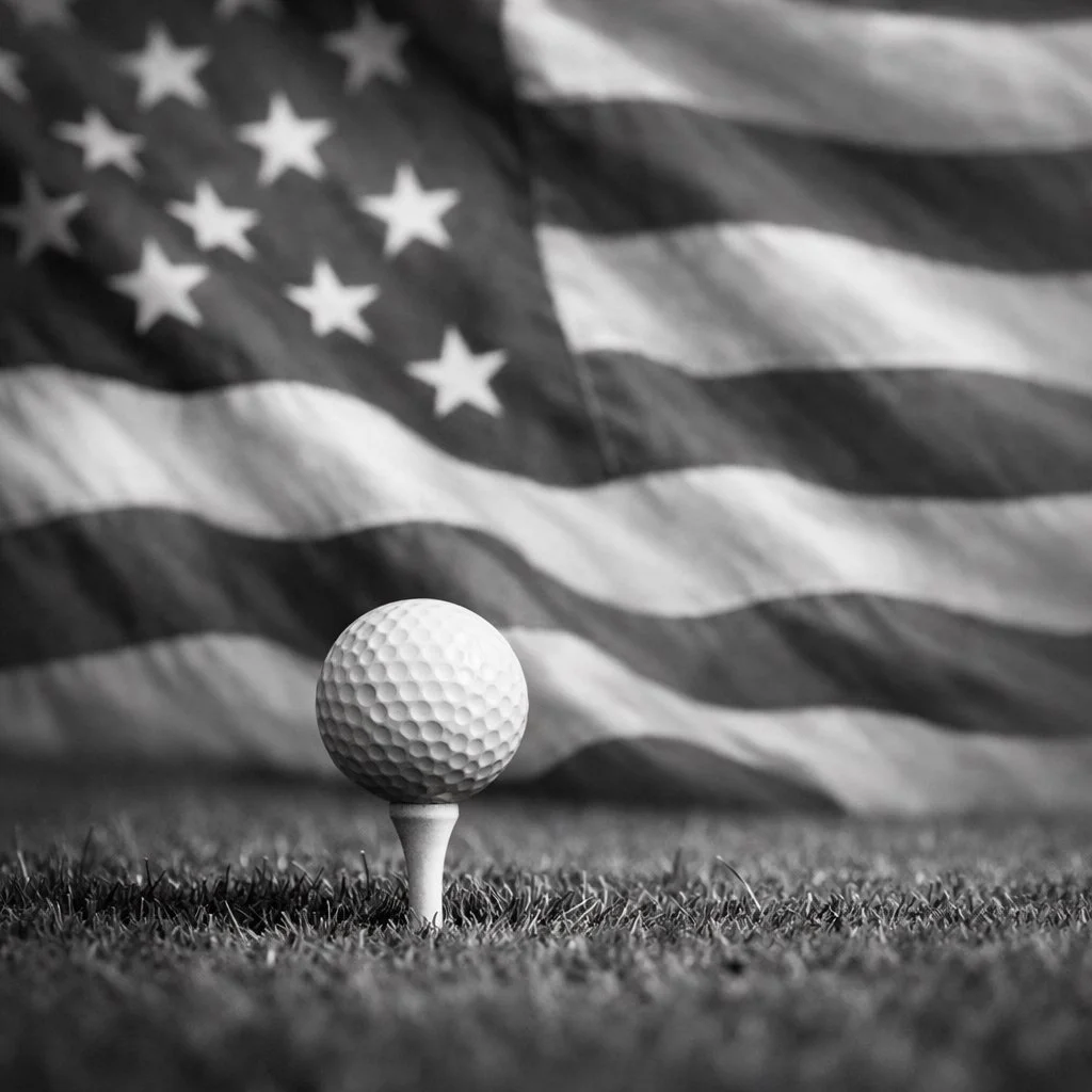A golf ball resting on a tee on grass with an American flag in the background