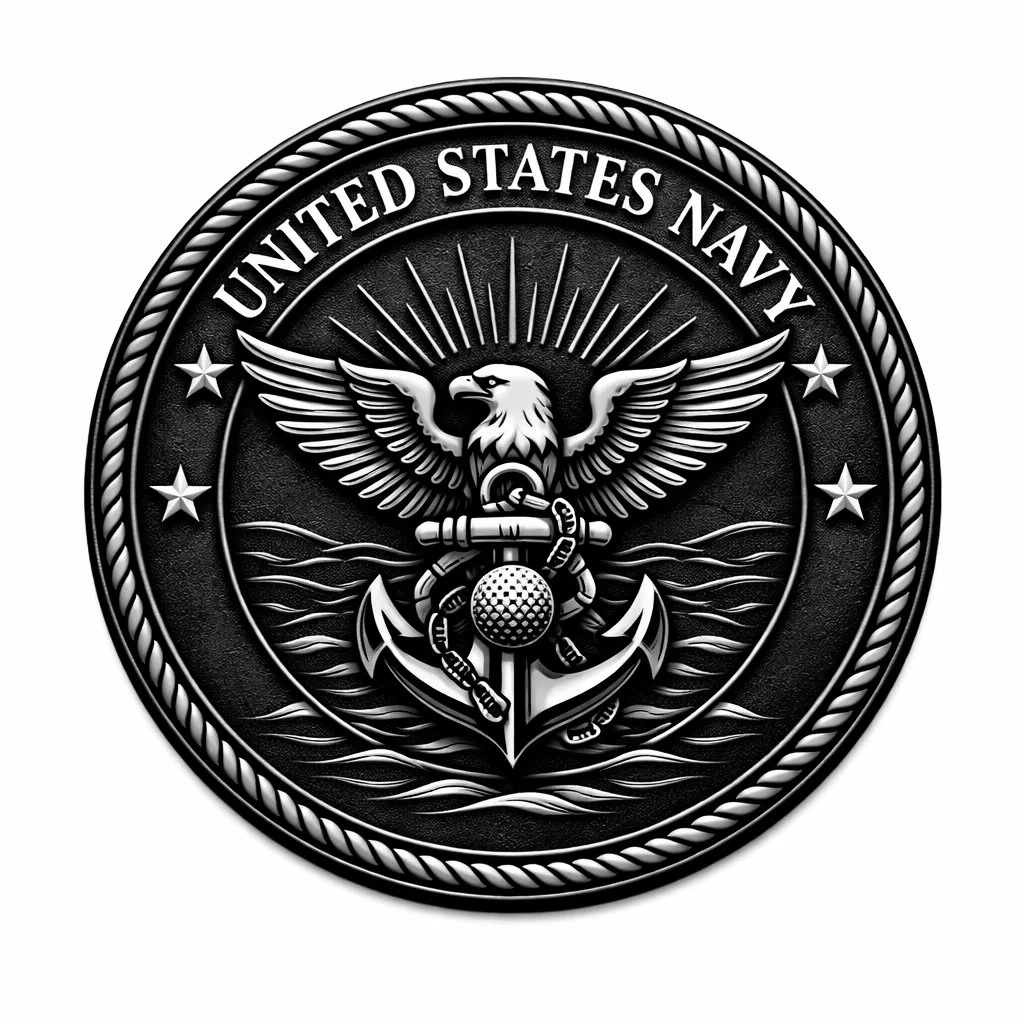 Emblem of the United States Navy featuring an eagle with outstretched wings, an anchor, and a golf ball, with the words "United States Navy" around the top.