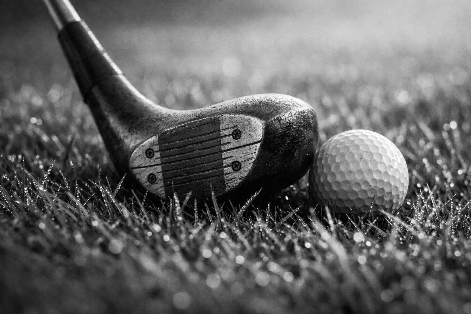 Close-up of a golf club and golf ball on the grass, black and white photo.