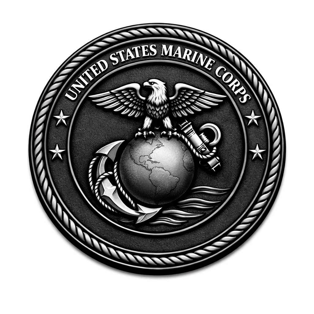 A silver embossed badge of the United States Marine Corps featuring an eagle holding a globe and an anchor.