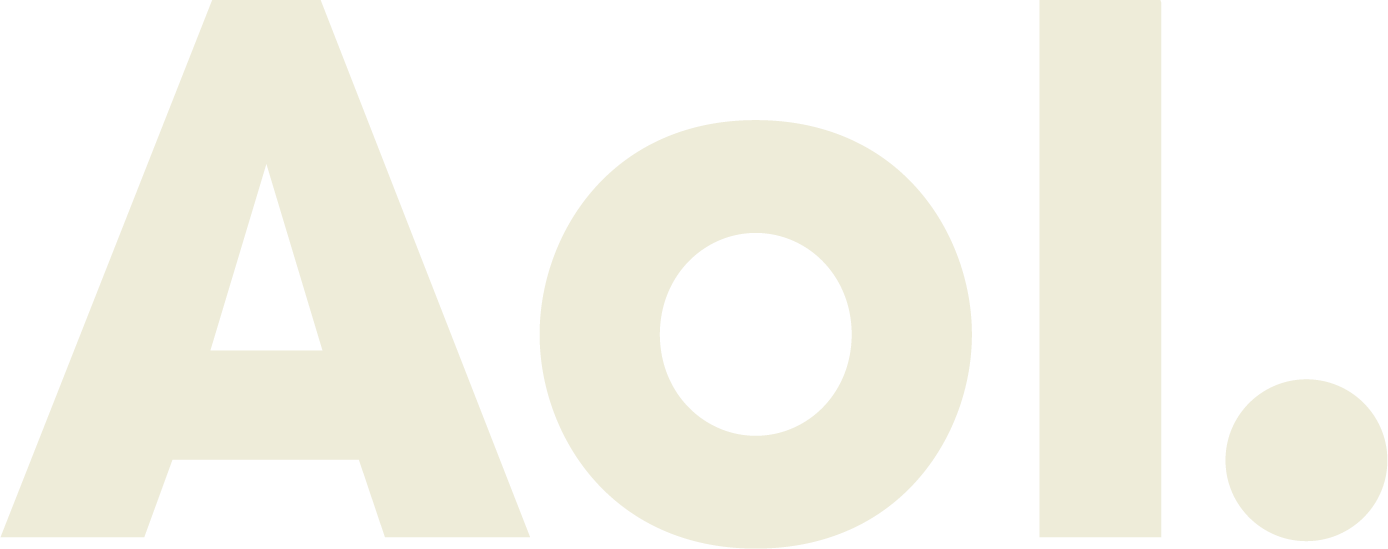 Large beige text spelling 'AOL' on a black background with an exclamation mark