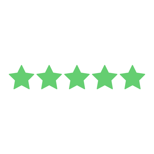 Five green stars in a row on a white background.