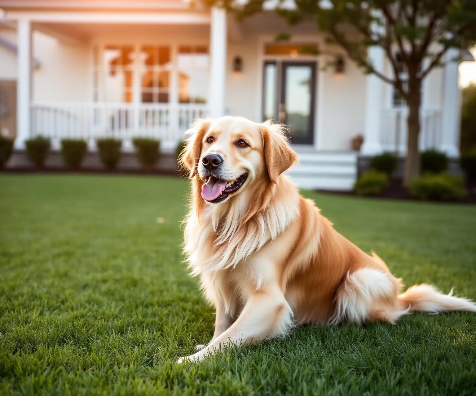 Golden retriever dog lying on a well-manicured lawn in front of a house with a porch and trees.