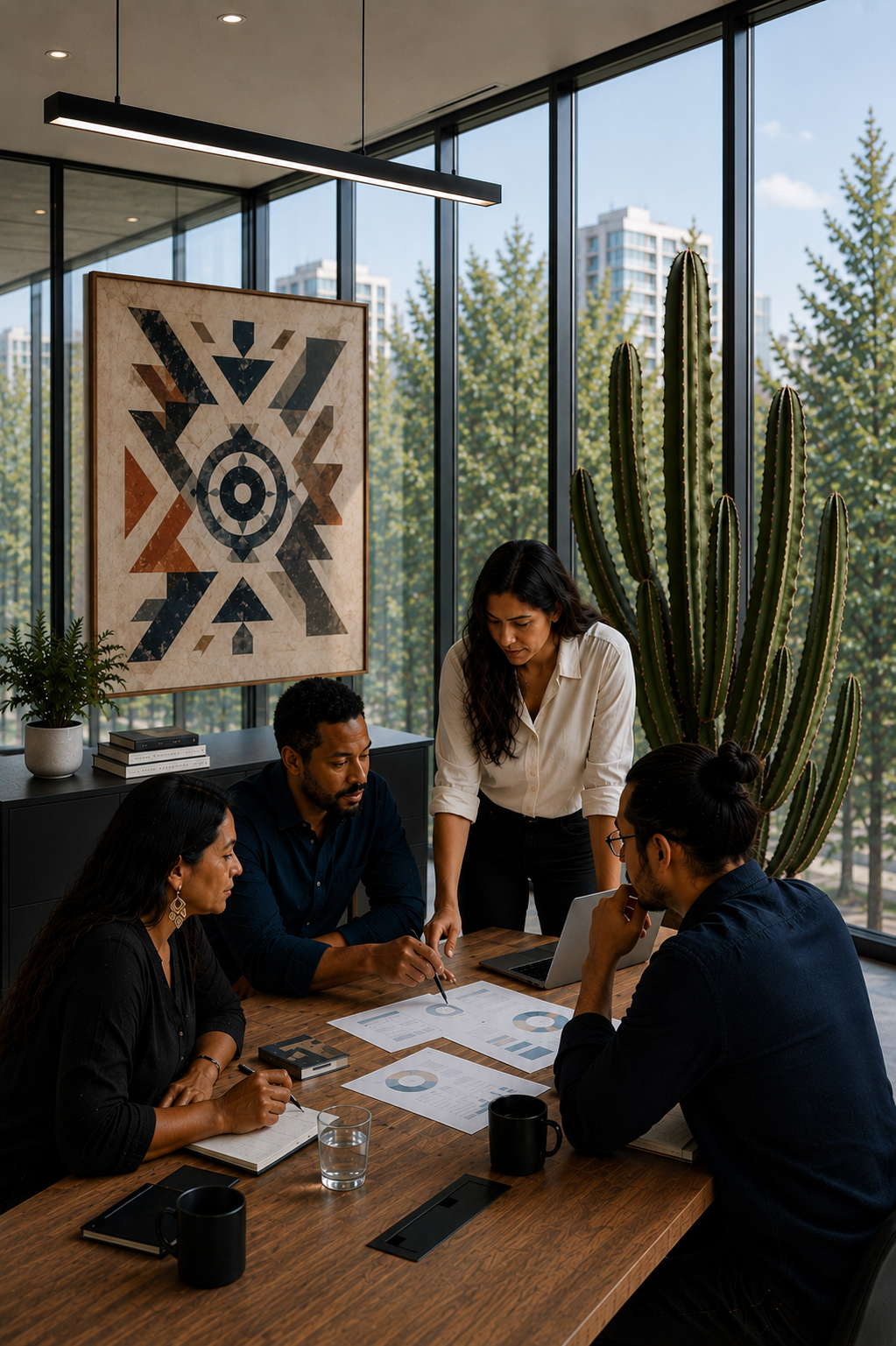 Four diverse professionals collaborating in a modern conference room with large windows and a cactus plant.