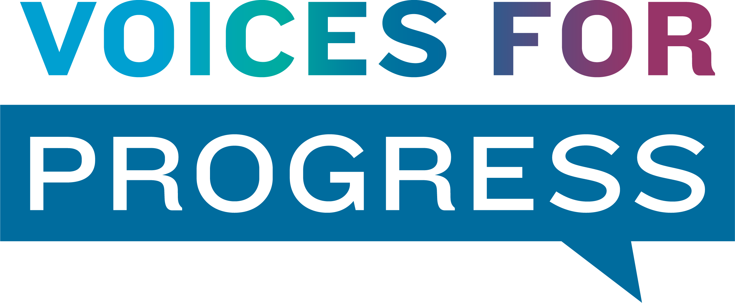 Text that reads 'Voices for Progress' with 'Voices for' in blue and purple gradient colors and 'Progress' in white within a blue speech bubble.