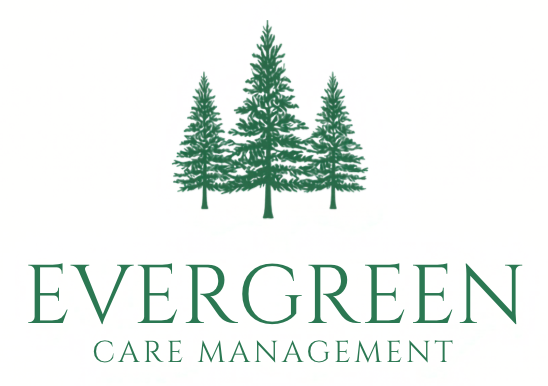 Logo with three green evergreen trees above the words "Evergreen Care Management" in green text on a white background.