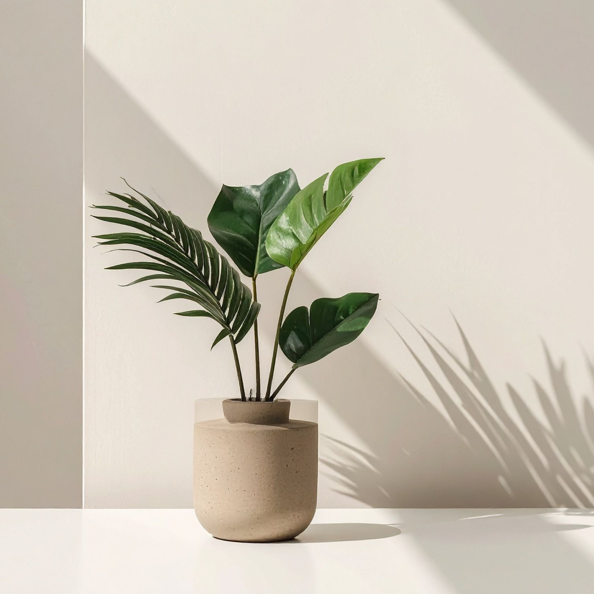 A potted plant with large green leaves in a beige, textured ceramic pot placed on a white surface, with shadows cast on a white background.