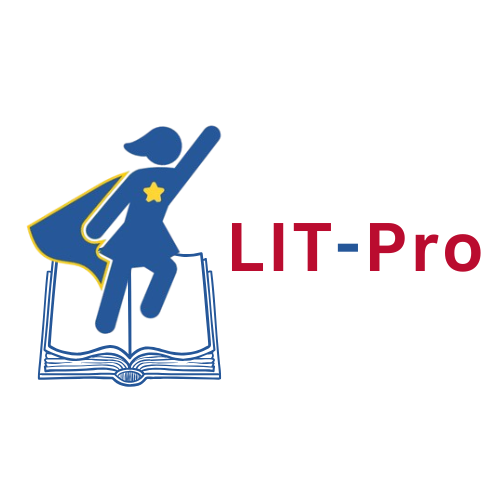 LIT-Pro logo showing a superhero figure standing on an open book.