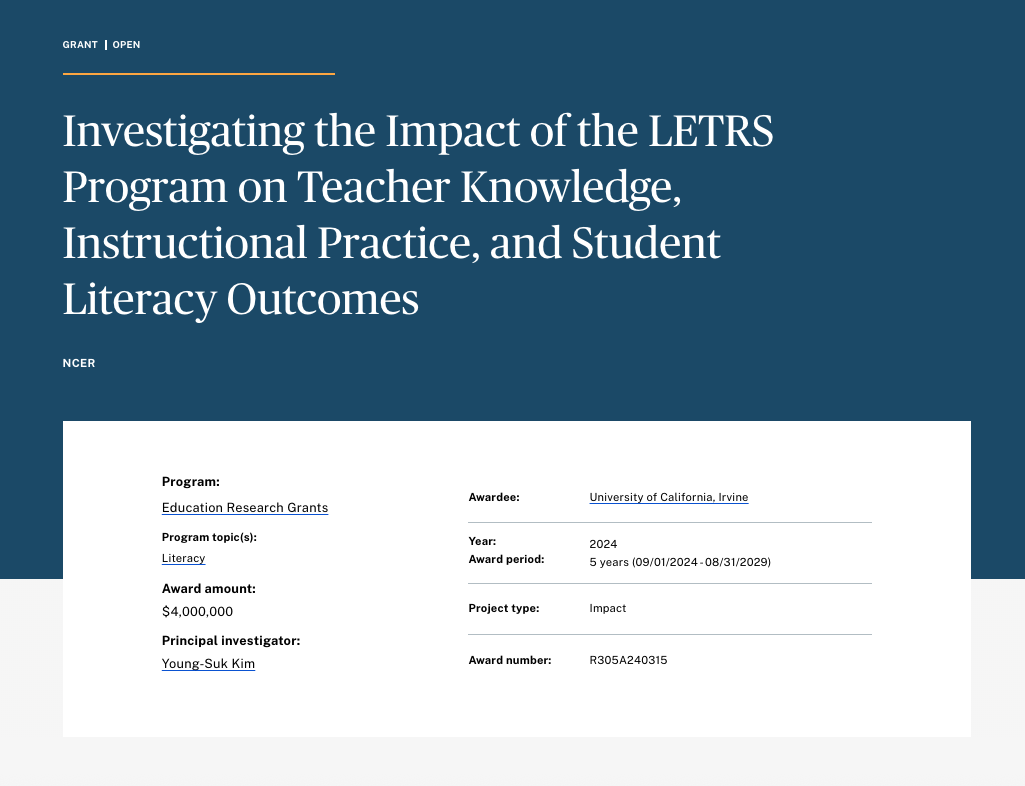 NCER grant announcement: Investigating the Impact of the LETRS Program on Teacher Knowledge, Instructional Practice, and Student Literacy Outcomes