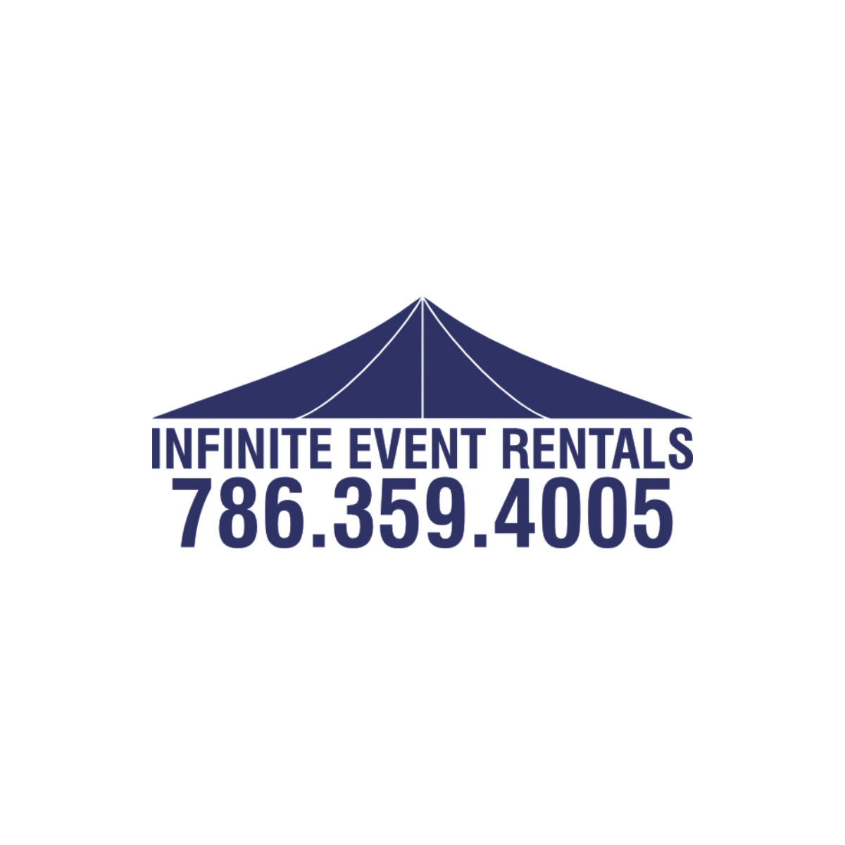 Logo for Infinite Event Rentals with a blue tent graphic and contact number 786.359.4005.