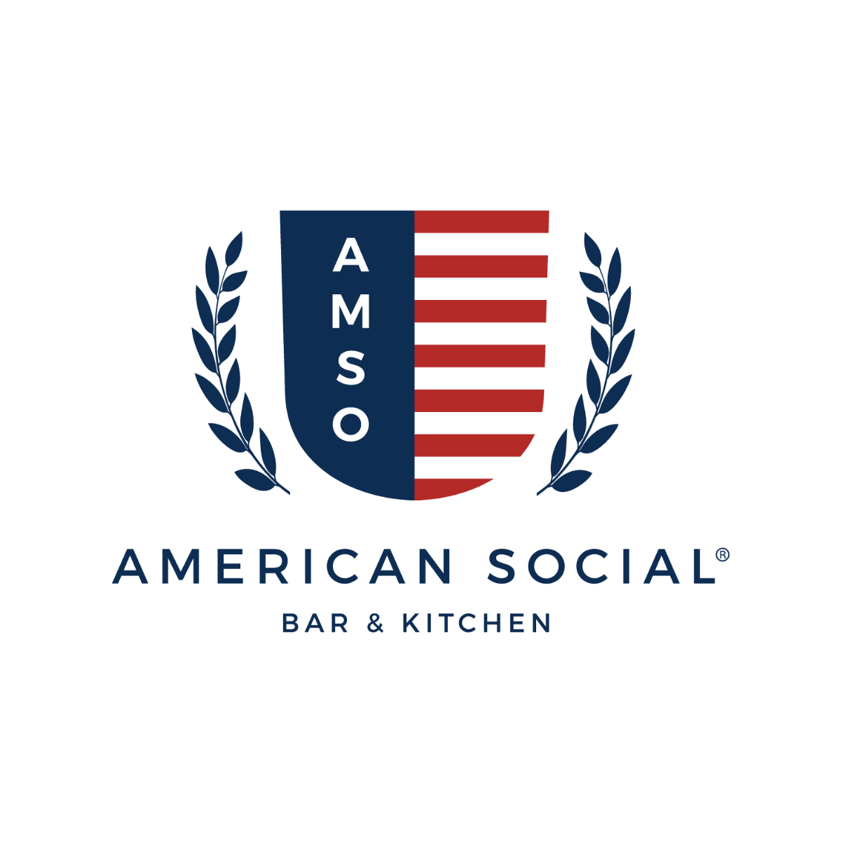 Logo for American Social Bar & Kitchen, featuring a shield emblem divided with blue and red stripes, and surrounded by laurel branches.