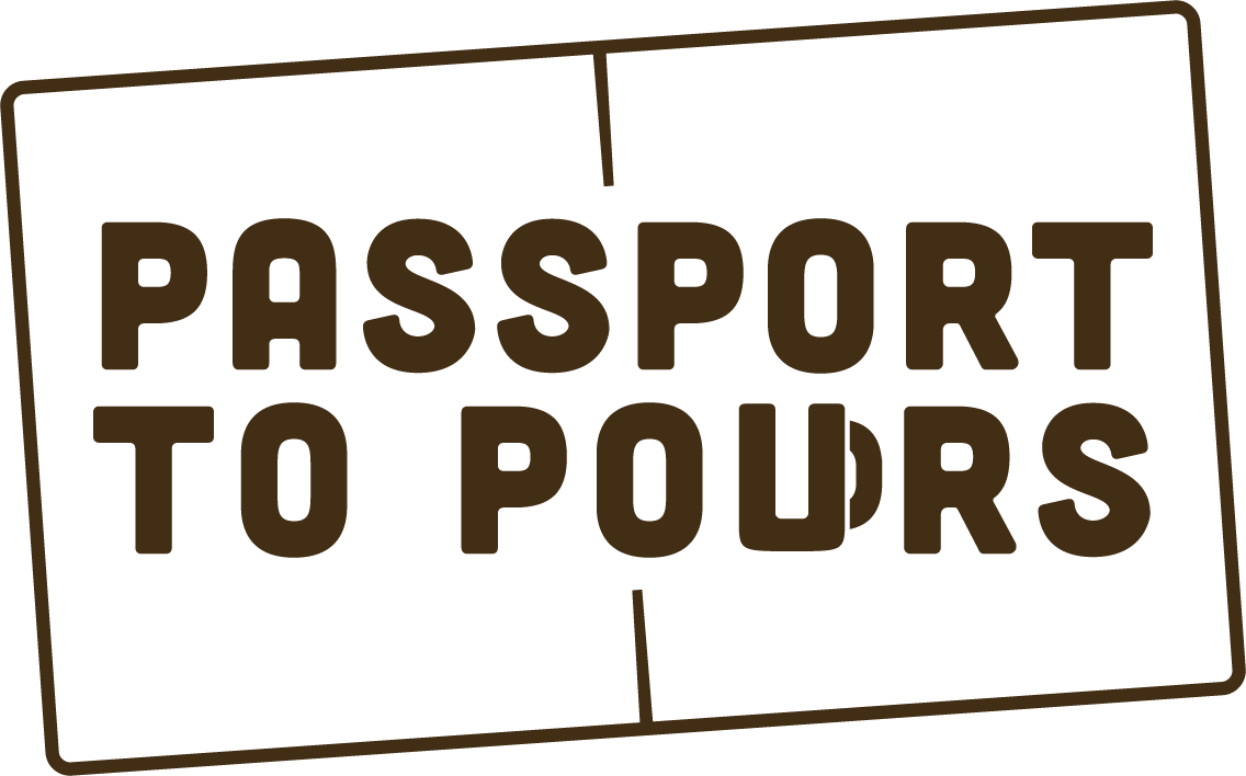 A sign that reads 'Passport to Pours' with a black background and brown text, framed by a brown border.