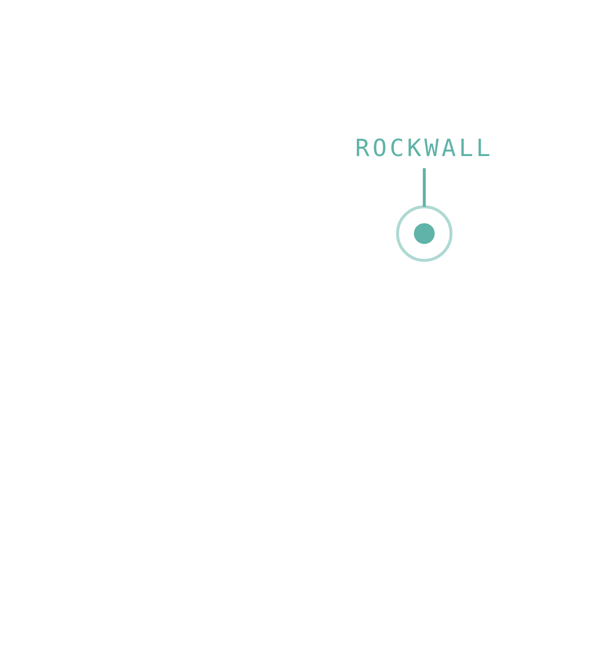 Outline of the state of Texas with a white border and a black background, showing a label for Rockwall and a dot indicating its location.