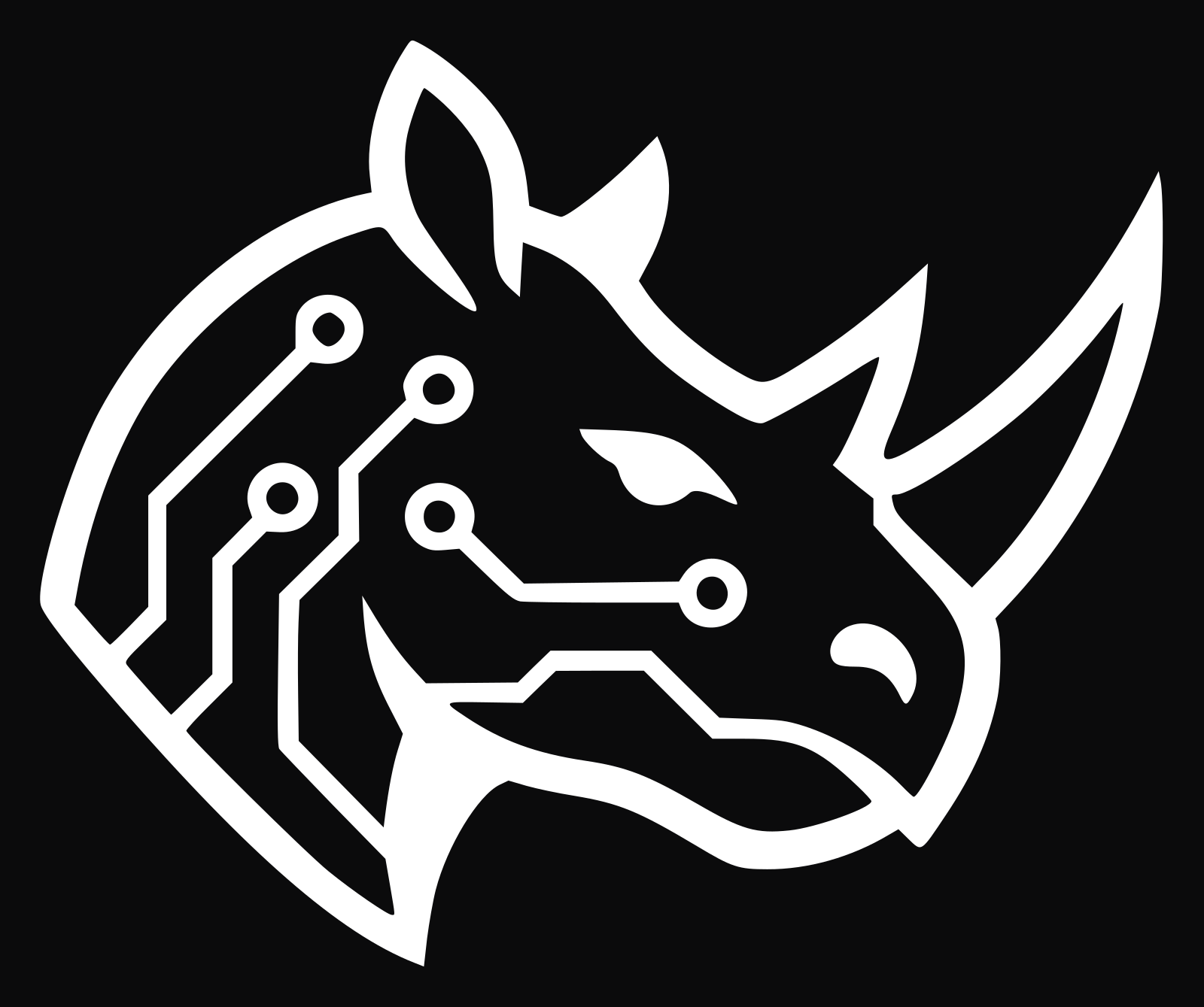 Black and white digital illustration of a rhinoceros head with circuit-like patterns integrated into its design.