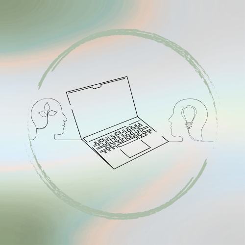 Illustration of two faces connected by a laptop, with one face wearing glasses and a brain outline, and the other with a light bulb, representing ideas and communication.