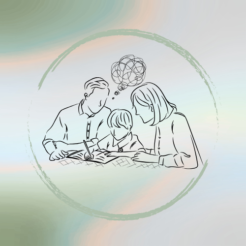 Drawing of a family of two adults and a young child studying together at a table, with a thought bubble filled with scribbles above the child's head, representing confusion or thinking.