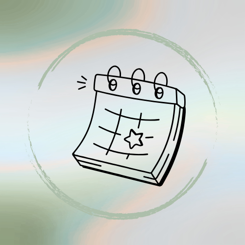 Simple line drawing of a calendar with a star on a page, surrounded by a circular brushstroke, on a blurred pastel-colored background.