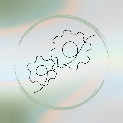 Line drawing of two interlocking gears within a circular frame on a pastel gradient background.