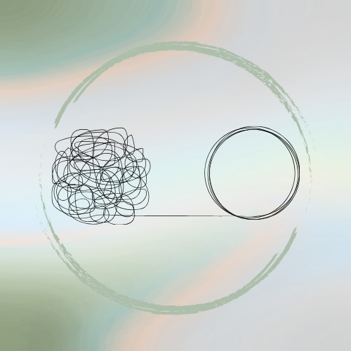 Abstract digital art featuring a complex tangled black line on the left and a simple black circle on the right, with a large faint circular shape in the background.