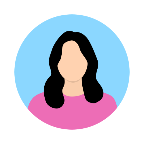 Simple illustration of a woman with long black hair in a pink top, against a light blue circular background.