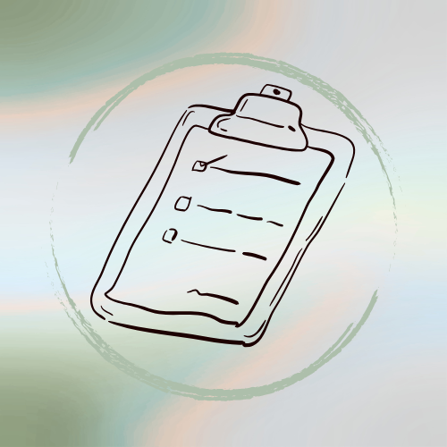Line drawing of a clipboard with a checklist, on a circular background.