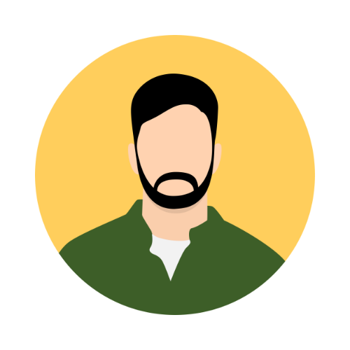 Simple cartoon illustration of a man with dark hair, beard, wearing a green jacket over a white shirt, against a yellow circular background.