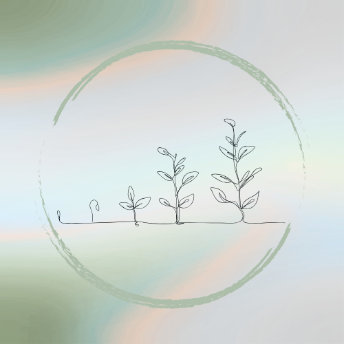 Simple line drawing of four plants at different stages of growth inside a circular frame, on a soft pastel-colored background.