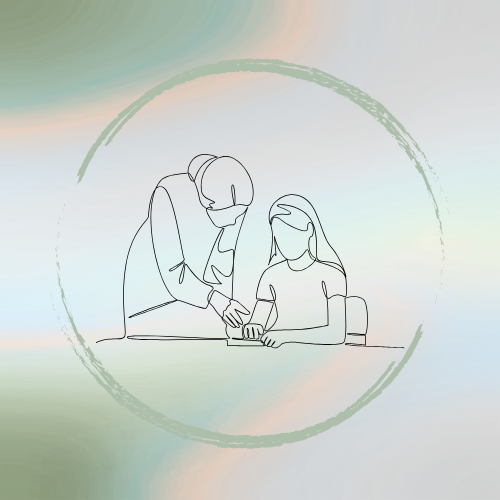 Line drawing of an adult and a child playing a game together, with the adult bending over to reach into a box or container while the child holds a card.