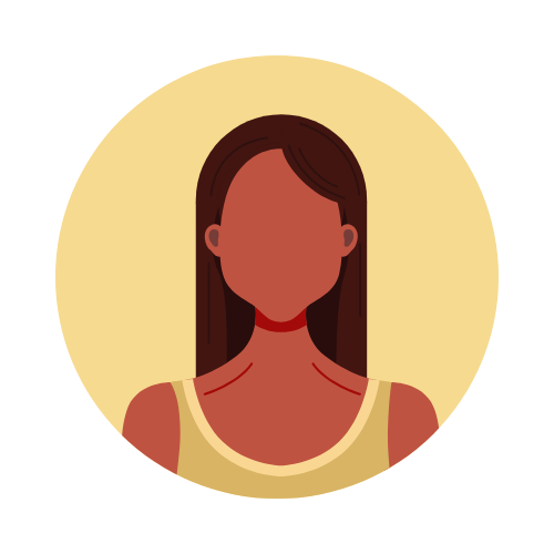 Illustration of a woman with long brown hair, wearing a yellow top and a red choker necklace, with a beige background.