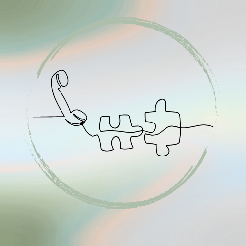 Line drawing of a telephone and two puzzle pieces connected by a line.