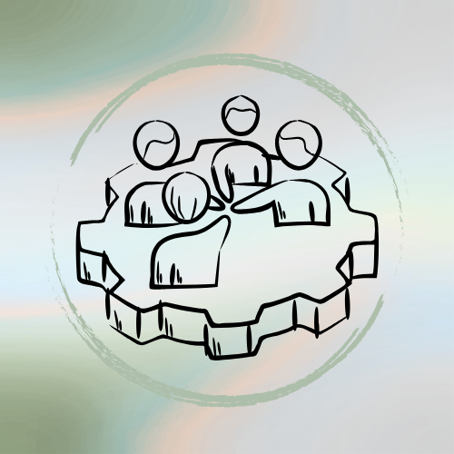 Illustration of five people around a circular table, engaging in a discussion or meeting.
