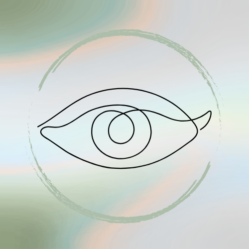 Minimalist line drawing of an eye on an abstract gradient background with circling brush strokes.