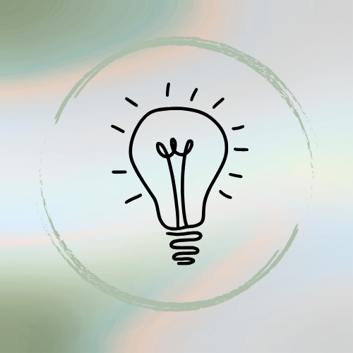 A simple black line drawing of a light bulb inside a rough circle on a soft, pastel-colored background.
