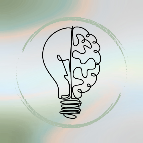 A line drawing of a light bulb and a brain combined, symbolizing ideas and intelligence, inside a rough circular frame.
