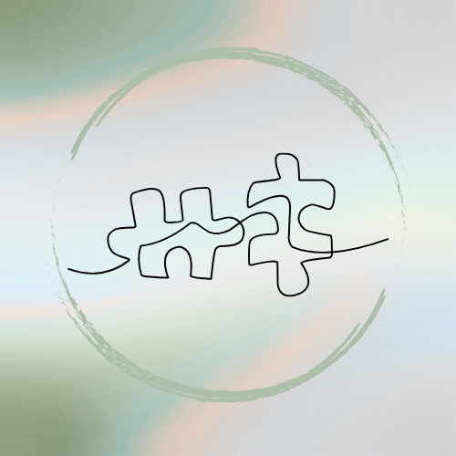 A logo with two black line art puzzle pieces inside a faint green circle on a pastel-colored background.