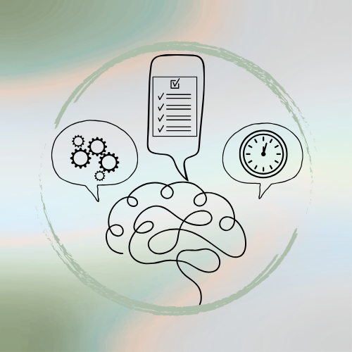 Illustration of a brain with three icons: gears representing thinking or processing, a checklist in a smartphone, and a clock indicating time management.