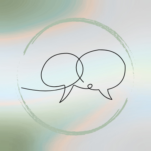 Two overlapping speech bubbles inside a circular brushstroke, on a soft pastel background.