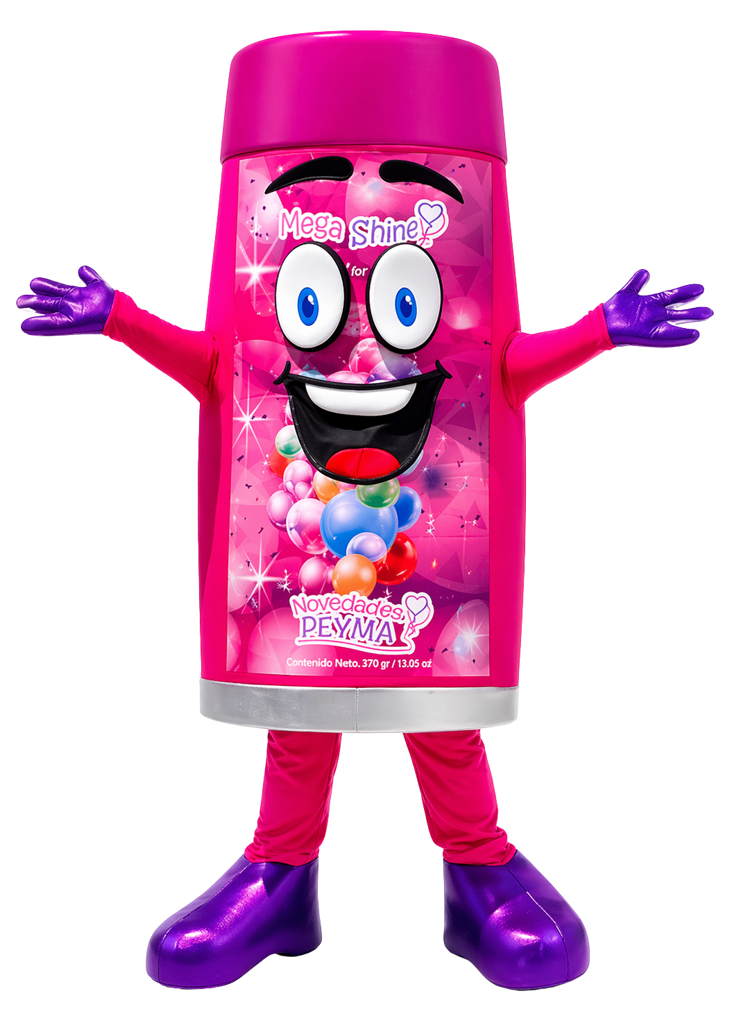 A person dressed in a pink and purple costume resembling a large pink capsule capsule with a smiling cartoon face, featuring big eyes and a wide open mouth, with arms outstretched.