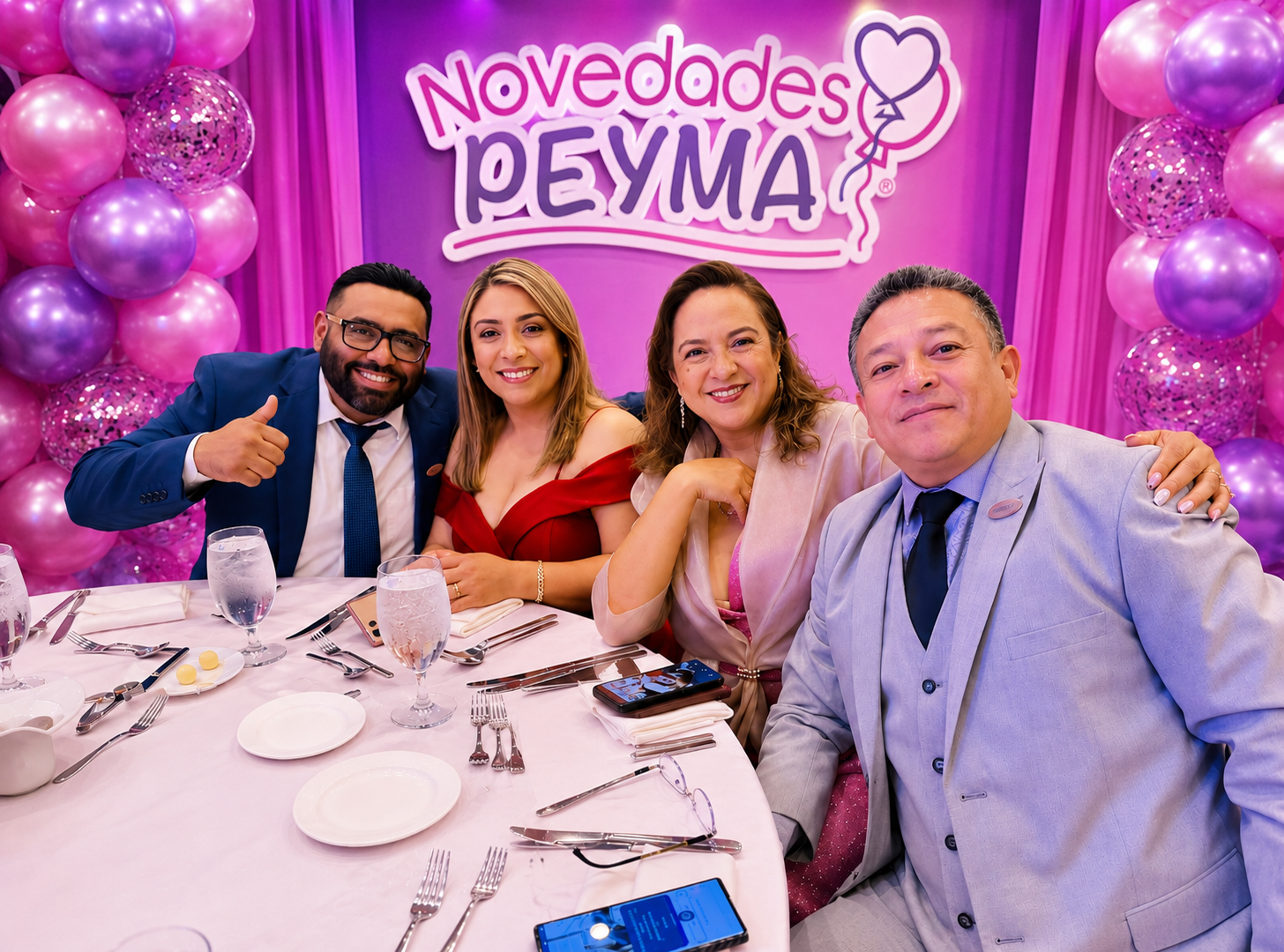 Four people sitting at a table during a celebration with pink and purple balloons in the background, pink curtains, and a sign that reads "Novedades Peyma" with a balloon illustrated on it.
