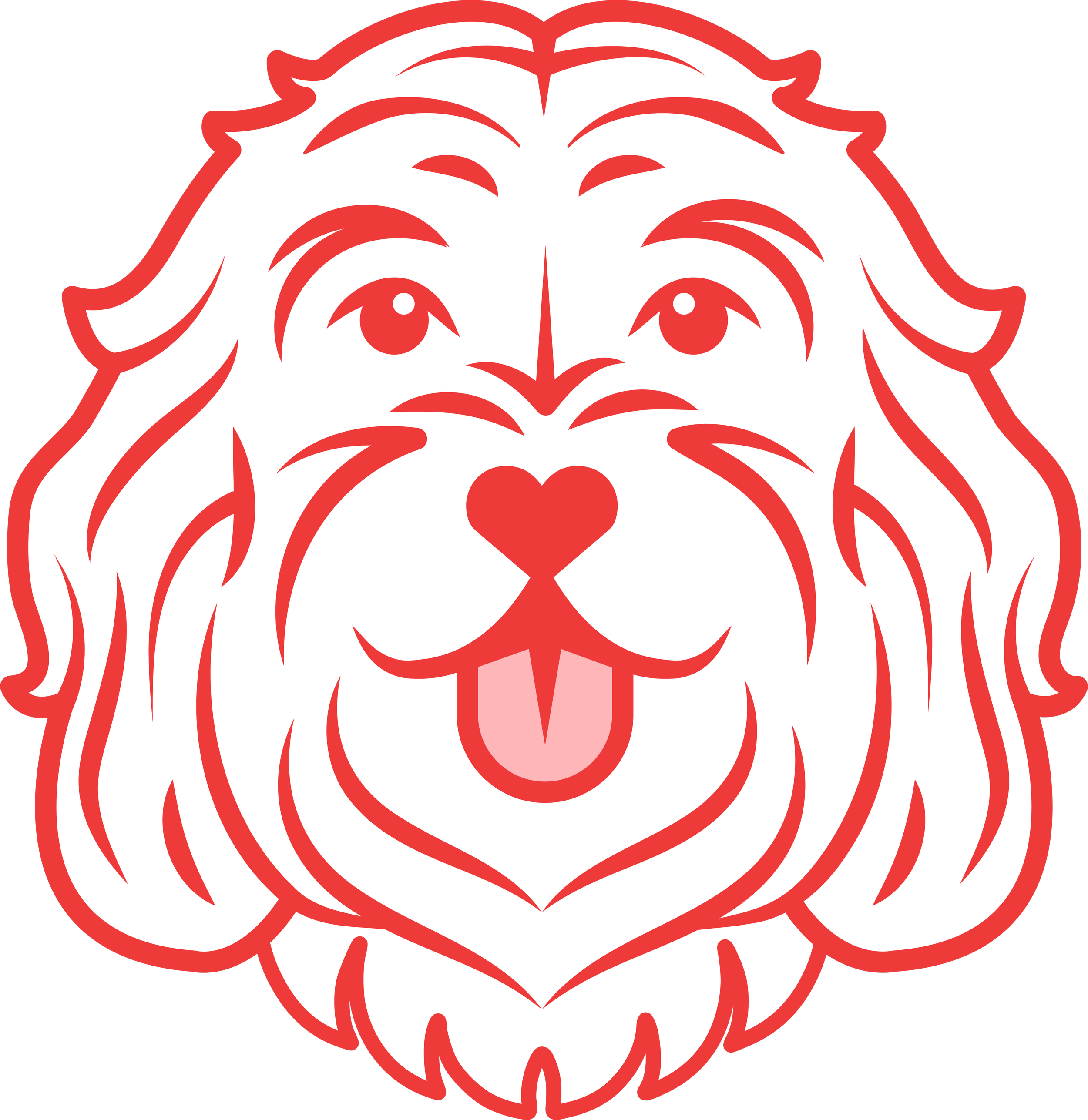 Stylized graphic of a lion's face with red outlines and accents on a black background.